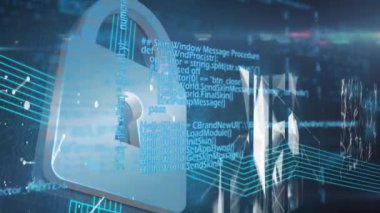 Arka planda veri işleme sistemi olan çevrimiçi asma kilit animasyonu. küresel bağlantılar, dijital arayüz ve dijital olarak oluşturulan güvenlik konsepti.