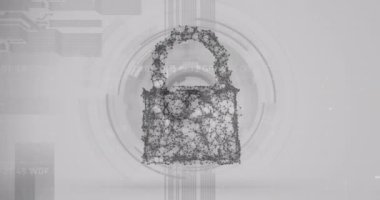 Arka planda tarama yapan çevrimiçi asma kilit animasyonu. küresel bağlantılar, dijital arayüz ve dijital olarak oluşturulan güvenlik konsepti.