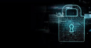 Arka planda veri işleme sistemi olan çevrimiçi asma kilit animasyonu. küresel bağlantılar, dijital arayüz ve dijital olarak oluşturulan güvenlik konsepti.