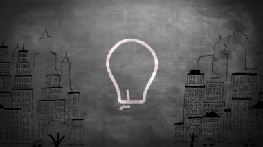Şehir manzarası üzerinde ampul ikonunun animasyonu. küresel ağ, fikirler ve iş konsepti dijital olarak oluşturulmuş video.