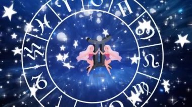 Dönen yıldız işaretli ve yıldızlı bir çarkın animasyonu. burç ve burç işaretleri konsepti dijital olarak oluşturulmuş video.