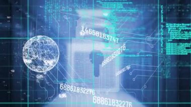 Arka planda veri işleme ve küreyle çevrimiçi asma kilit animasyonu. küresel bağlantılar, dijital arayüz ve dijital olarak oluşturulan güvenlik konsepti.