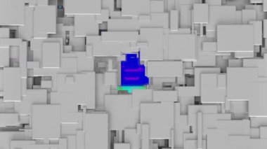 Gri 3D blokların animasyonu yanıp sönen renkli dikdörtgenleri ortaya çıkarıyor. küresel bilim, fikirler ve araştırma konsepti dijital olarak oluşturulmuş video.