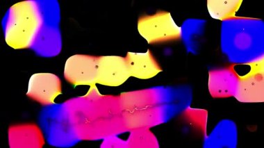 Siyah arka planda hareket eden titreşimli sarı, pembe ve mavi renkli ışıldayan formların animasyonu. Doğa, enerji ve güç kavramı, dijital olarak üretilen video.