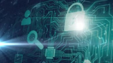 Bilgisayar devre kartında veri işleme ile çevrimiçi güvenlik asma kilidinin animasyonu. küresel bağlantılar, dijital arayüz ve dijital olarak oluşturulan güvenlik konsepti.