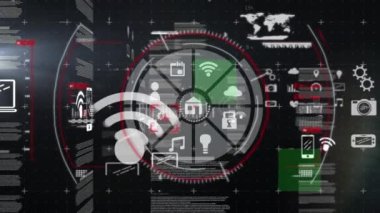 Kapsam taraması ve dijital simge ağının animasyonu. küresel bağlantılar, dijital arayüz ve dijital olarak oluşturulan güvenlik konsepti.