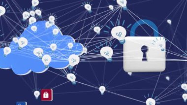 Simgelerle bağlantı ağı ile çevrimiçi güvenlik kilidinin animasyonu. küresel bağlantılar, dijital arayüz ve dijital olarak oluşturulan güvenlik konsepti.