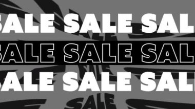 Siyah beyaz metin satışının animasyonu turkuazda hareket ediyor ve bozuluyor sonra pembe. Perakende ticaret reklam iletişimi konsepti, dijital olarak oluşturulmuş video.