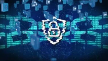 Arka planda ikonlar ve güvenlik zinciri olan çevrimiçi asma kilit animasyonu. küresel bağlantılar, dijital arayüz ve dijital olarak oluşturulan güvenlik konsepti.