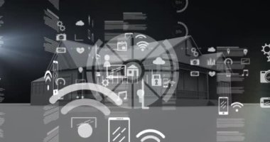 Evin her yerinde tarama ve dijital simgelerin animasyonu. küresel bağlantılar, dijital arayüz ve dijital olarak oluşturulan güvenlik konsepti.
