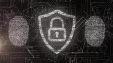 Çevrimiçi güvenlik kilidi animasyonu ve devre kartı arka planında biyometrik parmak izleri. küresel bağlantılar, dijital arayüz ve dijital olarak oluşturulan güvenlik konsepti.