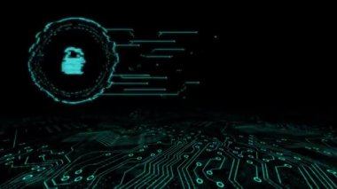 Arka planda bilgisayar devre kartı olan çevrimiçi güvenlik asma kilidinin animasyonu. küresel bağlantılar, dijital arayüz ve dijital olarak oluşturulan güvenlik konsepti.