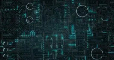 Parlayan bilgisayar devre kartında veri işleme animasyonu. küresel bağlantılar, dijital arayüz ve dijital olarak oluşturulan güvenlik konsepti.