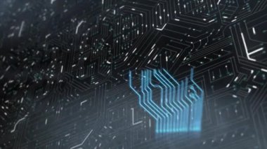 Parlayan bilgisayar devre kartında veri işleme animasyonu. küresel bağlantılar, dijital arayüz ve dijital olarak oluşturulan güvenlik konsepti.