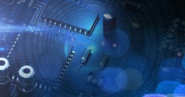 Bilgisayar devre kartında ikili kodlama ve veri işleme animasyonu. küresel bağlantılar, dijital arayüz ve dijital olarak oluşturulan güvenlik konsepti.