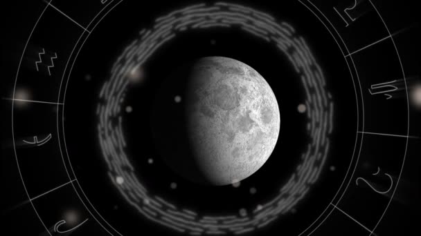 Анимация Вращающегося Звездного Колеса Глобусом Мерцающими Точками Света Черном Фоне — стоковое видео