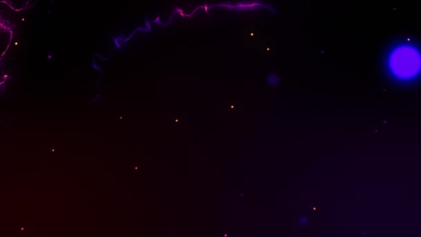粉色光迹的动画 在黑色背景上环绕着发光的斑点和蓝色的圆圈 能源和电力概念背景 数字视频 — 图库视频影像