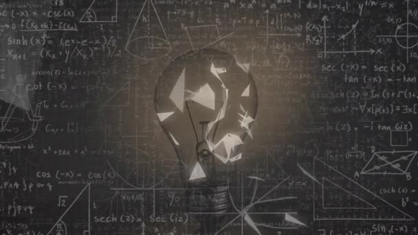 Анимация Лампочки Научными Формулами Обработка Данных Наука Идеи Исследовательская Концепция — стоковое видео