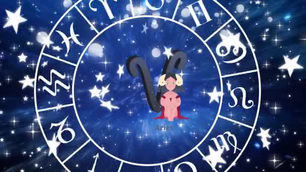 Animation Spinning Star Sign Wheel Aries Sign Stars Horoscope Zodiac — Stock Video