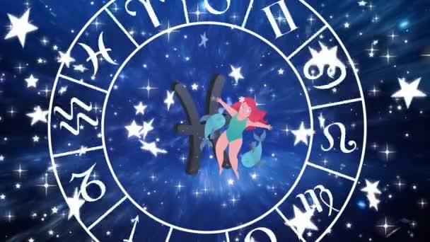 Animatie Van Draaiende Sterrenbeeld Wiel Met Pisces Teken Sterren Horoscoop — Stockvideo