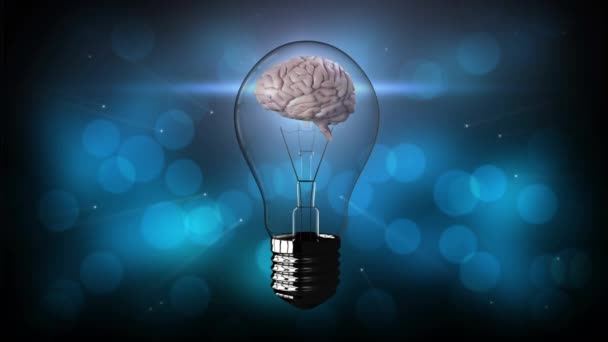 Анімація Лампочки Людським Мозком Блакитними Плямами Простором Копіювання Глобальна Наука — стокове відео