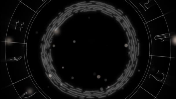 배경으로 바퀴를 회전시키는 애니메이션 별자리와 황도대는 디지털로 만들어 비디오 개념이다 — 비디오