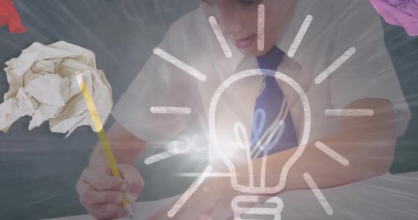 Animation Lit Light Bulb Schoolboy Writing Class Background Education Ideas — Stock Video