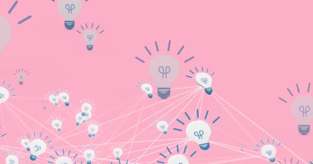 Animation Des Netzwerks Von Verbindungen Mit Glühbirnen Auf Rosa Hintergrund — Stockvideo