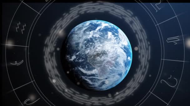 Animatie Van Draaiend Sterrenbeeld Wiel Met Aarde Sterren Horoscoop Dierenriem — Stockvideo