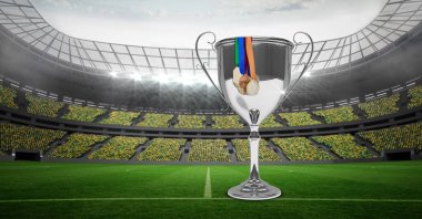 Kupa ve madalyaların futbol stadyumunda gübrelenmesi. şampiyonluklar, spor ve yarışma konsepti dijital olarak oluşturulmuş imaj.