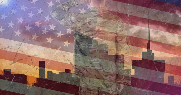 Composition Male Soldier Saluting American Flag Patriotism Celebration Concept Digitally — Stock Photo, Image