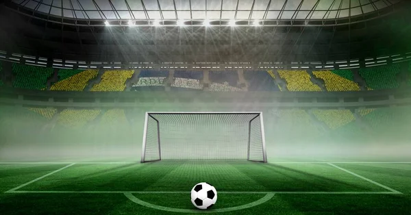 Sammansättning Fotboll Fotbollsplan Med Spotlights Och Brasiliansk Flagga Idrottsarenan Mästerskap — Stockfoto