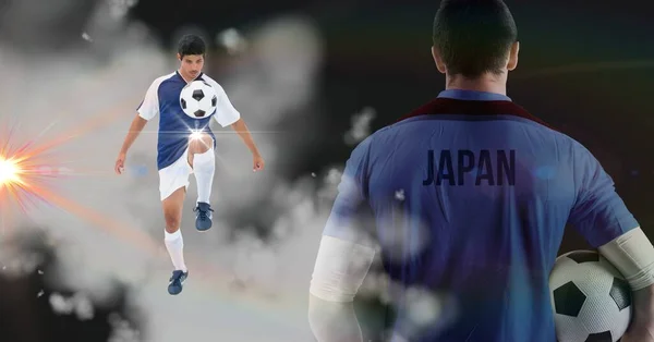 Sammansättning Japanska Fotbollsspelare Med Fotbollar Och Glödande Spotlights Idrotts Och — Stockfoto