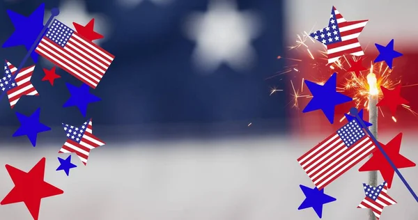 アメリカの旗とアメリカの旗の装飾に輝くの構成 愛国心とお祝いのコンセプトをデジタルで — ストック写真