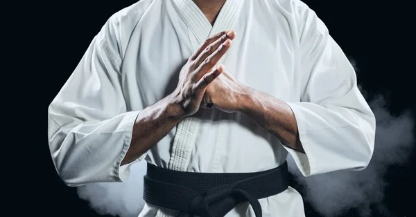 Composition Midsection Male Martial Artist Black Belt Clouds Smoke Sports — Stock Photo, Image