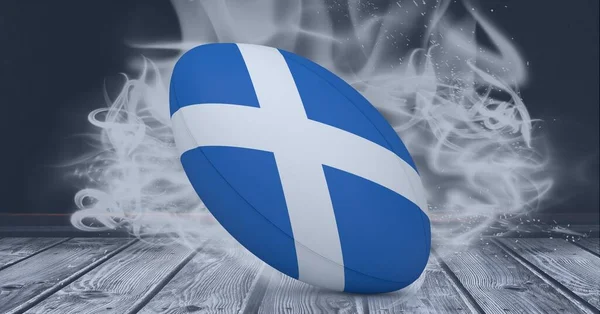 Composition Rugby Ball Scotland Flag Black Background White Smoke Championships — Foto de Stock