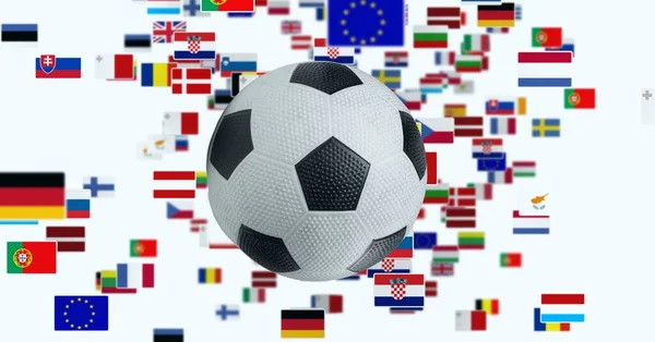 Samenstelling Van Voetbal Met Nationale Vlaggen Geïsoleerd Witte Achtergrond Sport — Stockfoto