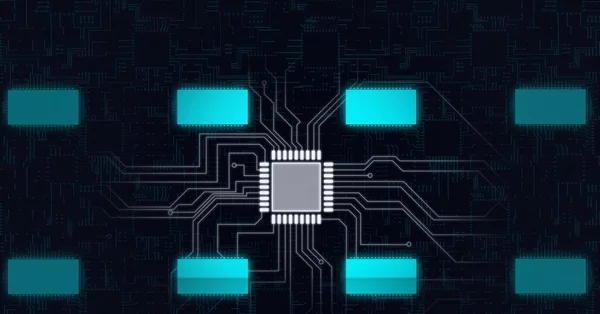 Samenstelling Van Computerprocessoren Met Netwerk Van Aansluitingen Printplaat Mondiaal Gegevensverwerkings — Stockfoto