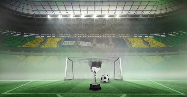 Zusammensetzung Von Pokal Und Fußball Über Stadion Und Tor Meisterschaften — Stockfoto
