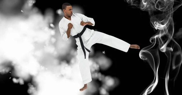 Sammansättning Afrikansk Amerikansk Manlig Karate Fighter Svart Bakgrund Med Vit — Stockfoto