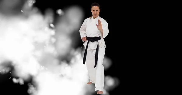 Compostion Caucasian Female Karate Fighter Black Background White Blur Championships — Stock Photo, Image