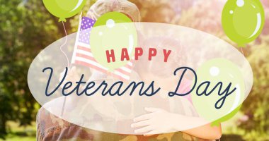 Erkek askerin gaziler günü mesajı üzerine kızını kucaklamasının kompozisyonu. Asker, dijital olarak üretilen aile imajına geri dönüyor..