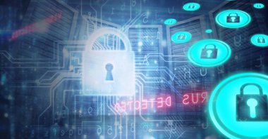 Bilgisayar devre kartı ve bilgisayar sunucuları üzerindeki çevrimiçi güvenlik kilitlerinin bileşimi. küresel bağlantılar, teknoloji ve dijital arayüz kavramı dijital olarak oluşturulmuş görüntü.