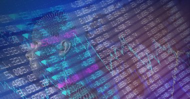 İkili kodlama ve finansal veri işleme ile oluşan insan büstü bileşimi. küresel finansman, teknoloji ve dijital arayüz kavramı dijital olarak oluşturulmuş görüntü.