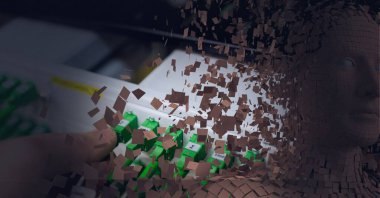 Parçacıklar ve bilgisayar sunucusuyla patlayan insan büstü bileşimi. küresel bağlantılar, teknoloji ve dijital arayüz.