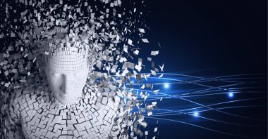 Parlayan ışık yollarının üzerinde parçacıklardan oluşan patlayan insan büstü bileşimi. küresel bağlantılar, teknoloji ve dijital arayüz kavramı dijital olarak oluşturulmuş görüntü.