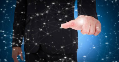 Kafkas işadamı üzerinden bağlantı ağının bileşimi. küresel bağlantılar, teknoloji ve dijital arayüz kavramı dijital olarak oluşturulmuş görüntü.