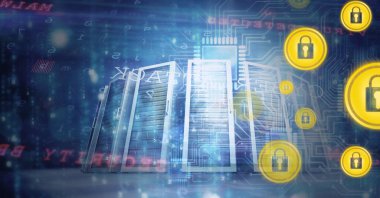 Siber saldırı metni ve bilgisayar sunucuları üzerindeki çevrimiçi güvenlik asma kilit simgelerinin bileşimi. küresel bağlantılar, teknoloji ve dijital arayüz kavramı dijital olarak oluşturulmuş görüntü.