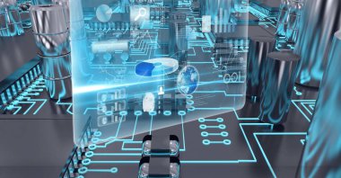 Bilgisayar devre kartının üzerinde küre olan dijital simgelerin bileşimi. küresel bağlantılar, teknoloji ve dijital arayüz kavramı dijital olarak oluşturulmuş görüntü.