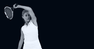 Siyah arka planda bayan tenisçinin gübresi. şampiyonluklar, spor ve yarışma konsepti dijital olarak oluşturulmuş imaj.